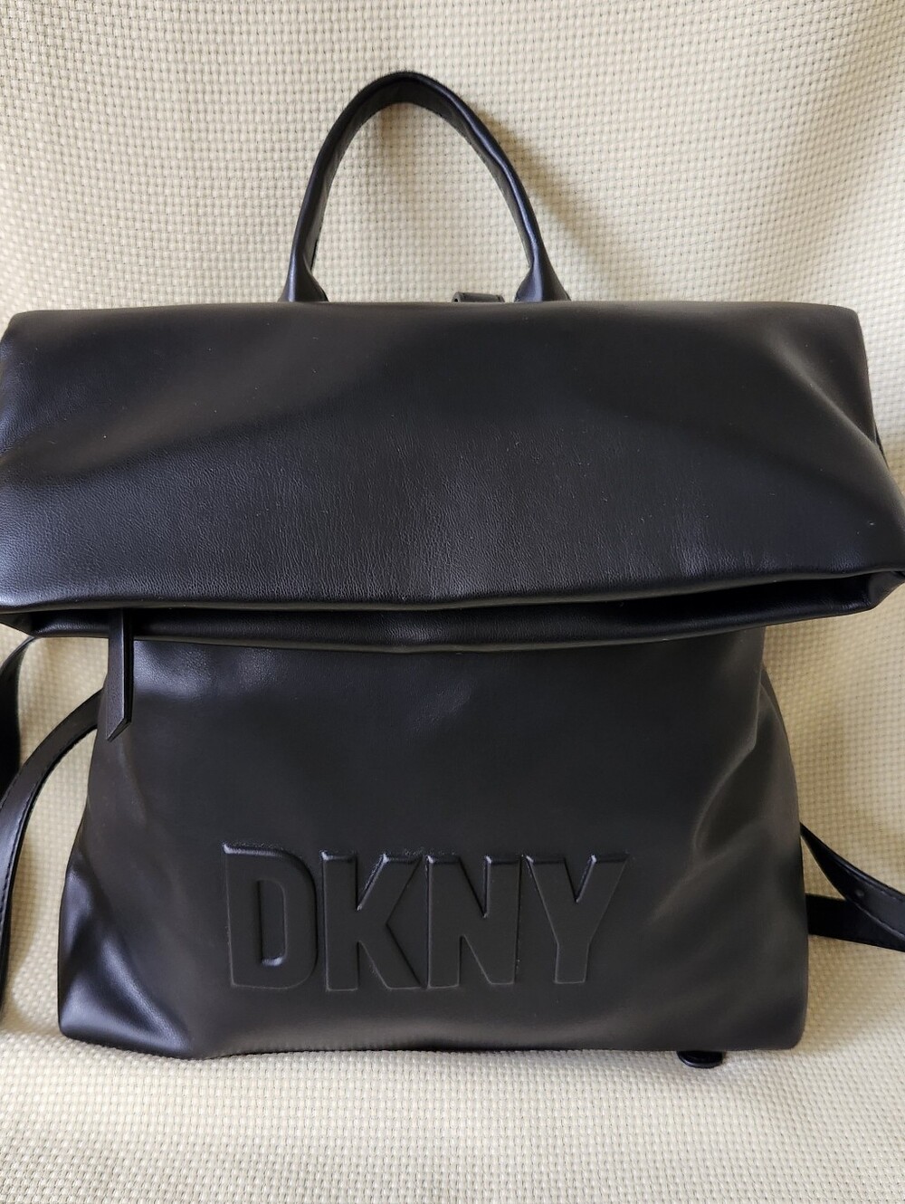 DKNY Tilly Foldover Backpack Black Faux Leather Debossed Logo Medium EUC